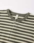 Close-up view of the neckline and collar of a long-sleeve baby footie featuring a green and white horizontal stripe pattern with a solid green ribbed collar and a small brand tag inside.