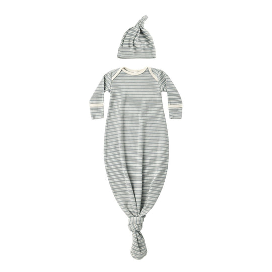 Knotted Baby Gown + Hat Set - Steel Blue Micro Stripe by Quincy Mae