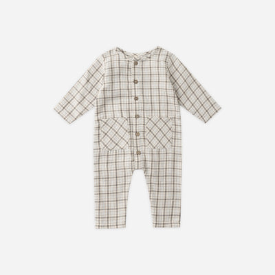 Pocketed Woven Jumpsuit - Blue Plaid by Quincy Mae