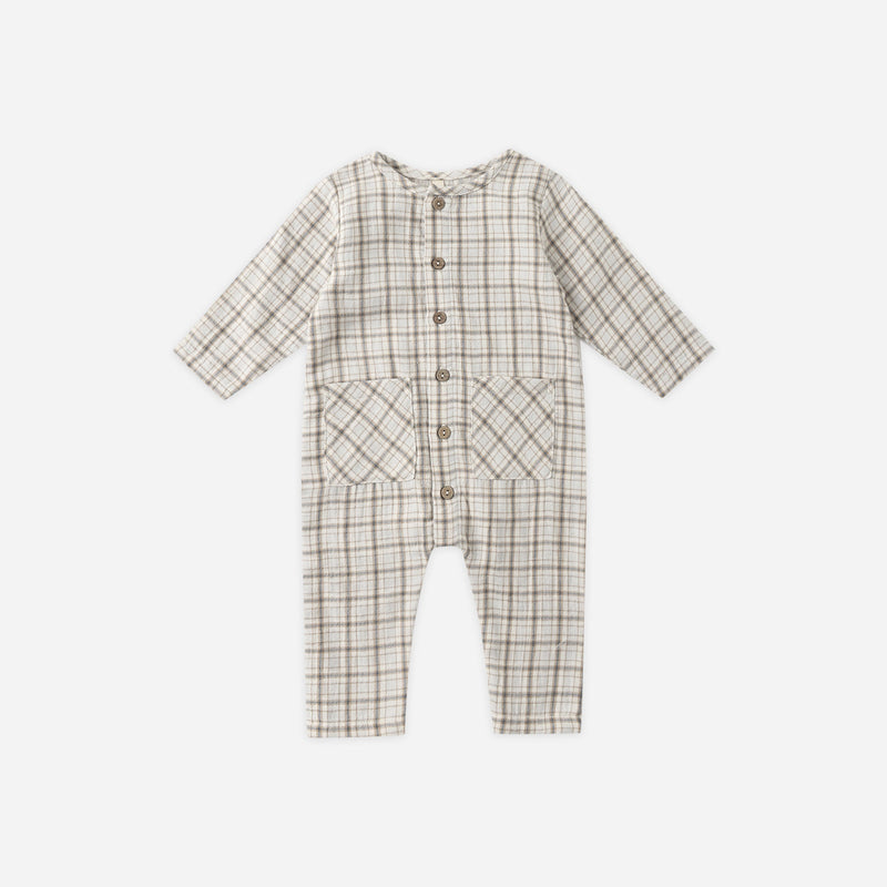 Pocketed Woven Jumpsuit - Blue Plaid by Quincy Mae