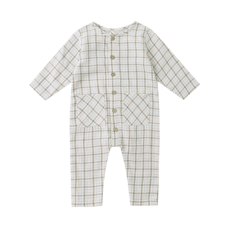 Pocketed Woven Jumpsuit - Blue Plaid by Quincy Mae