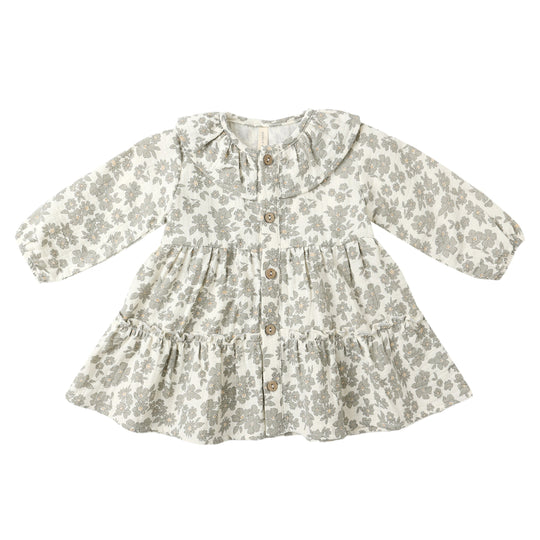 Ruffle Collar Button Dress - Green Floral by Quincy Mae