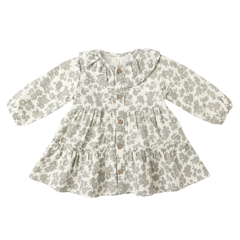 Ruffle Collar Button Dress - Green Floral by Quincy Mae