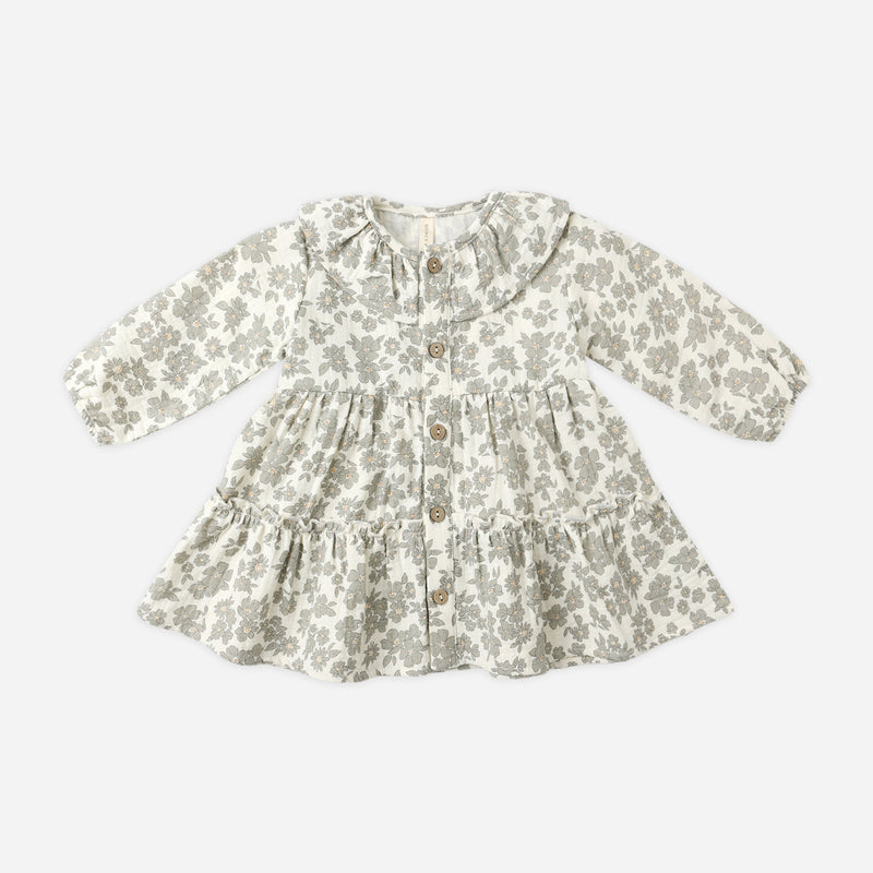 Ruffle Collar Button Dress - Green Floral by Quincy Mae