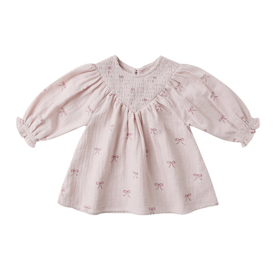 V Smocked Dress - Bows by Quincy Mae