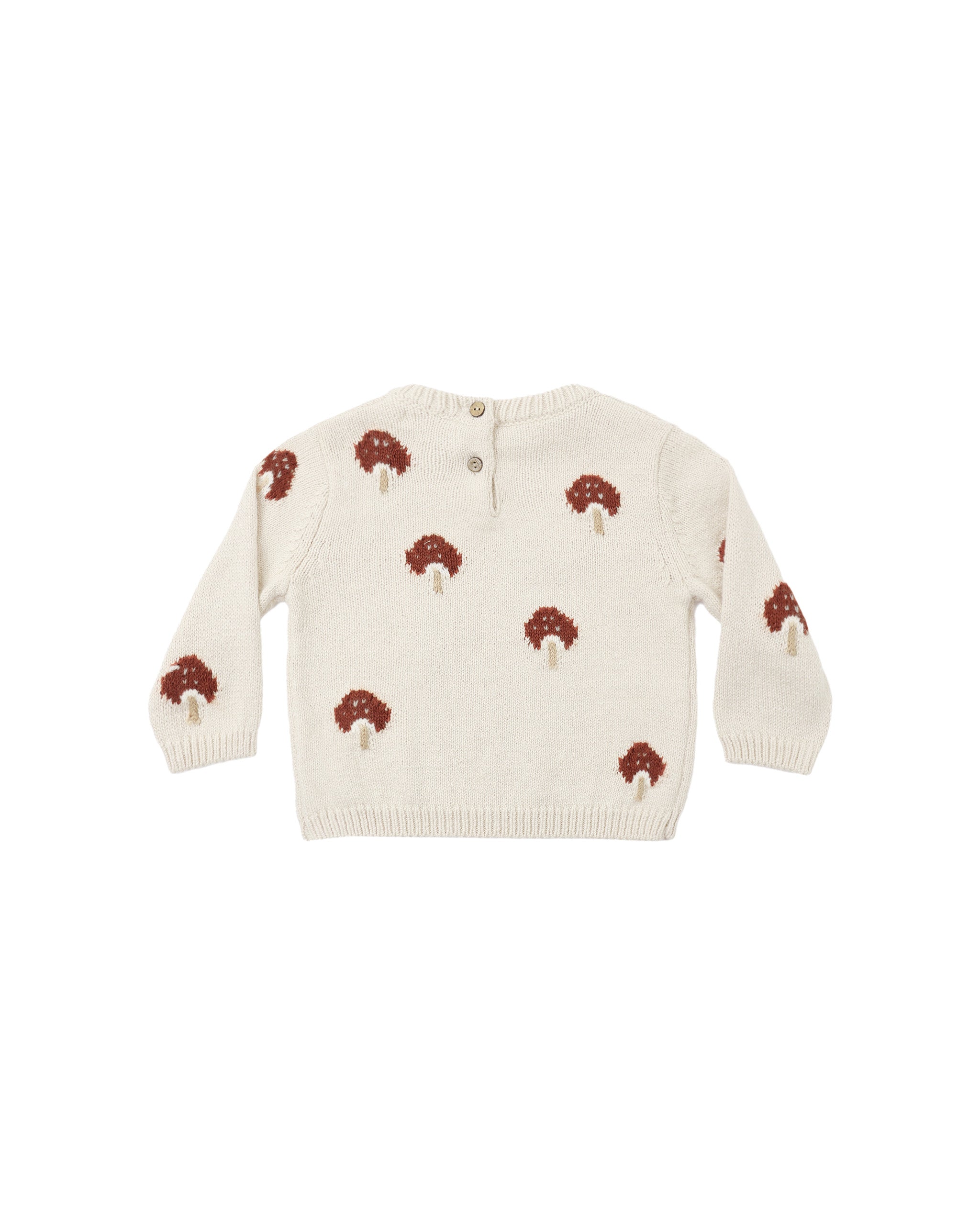 Quincy Mae long-sleeve knit sweater in a cream or parchment hue, featuring an all-over brown mushroom pattern, a round ribbed neckline, and a back button placket.