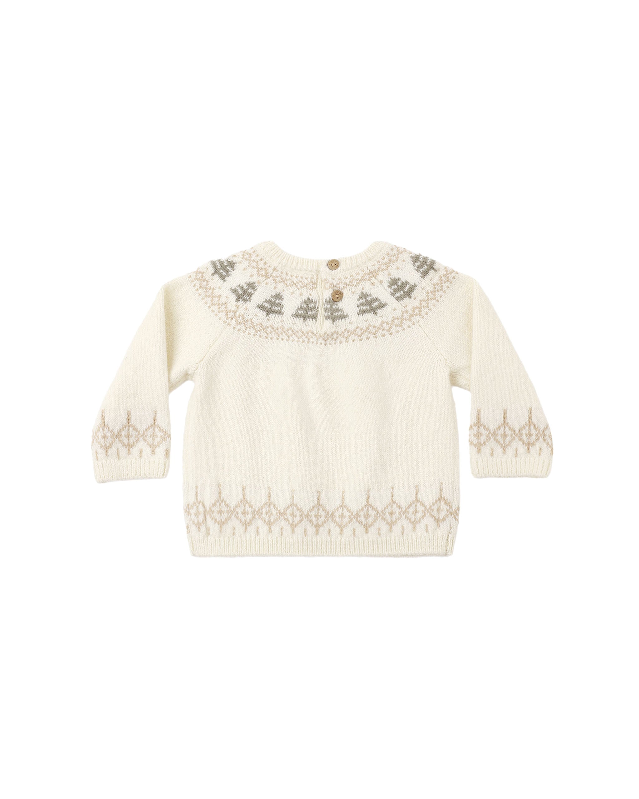 Cream-colored knit sweater featuring a festive Fair Isle tree pattern along the neckline, cuffs, and hem.