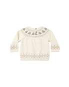 Cream-colored knit sweater featuring a festive Fair Isle tree pattern along the neckline, cuffs, and hem.