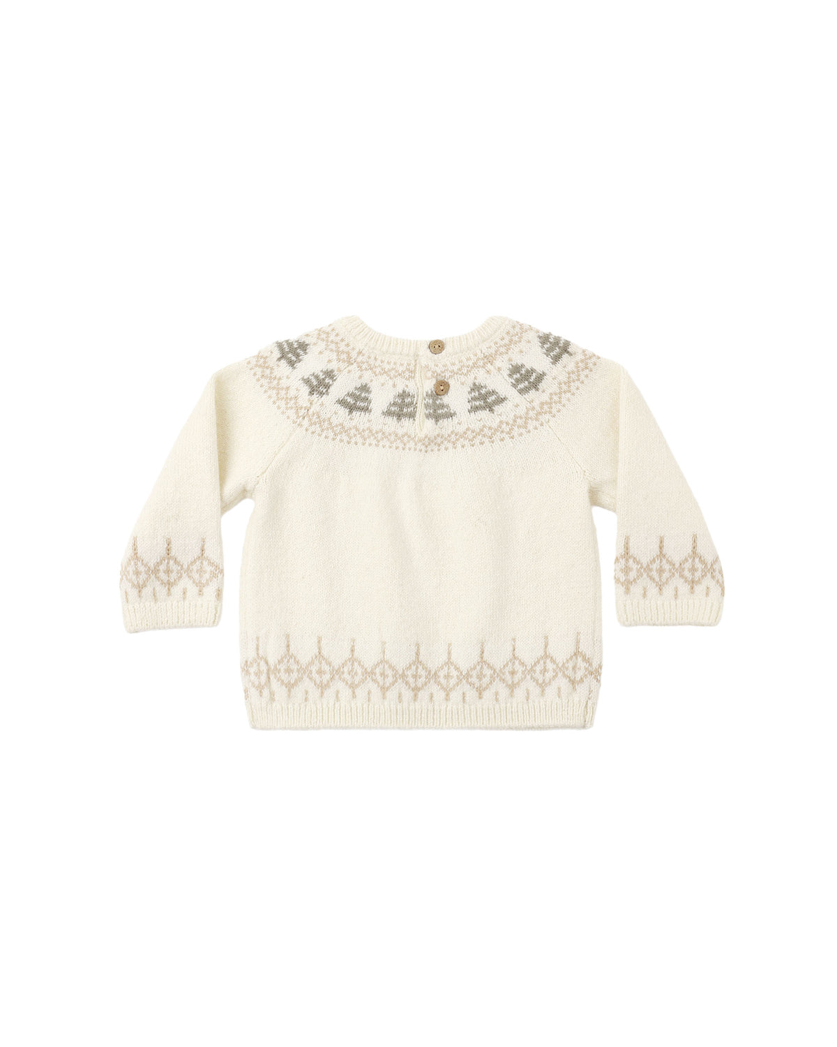 Cream-colored knit sweater featuring a festive Fair Isle tree pattern along the neckline, cuffs, and hem.