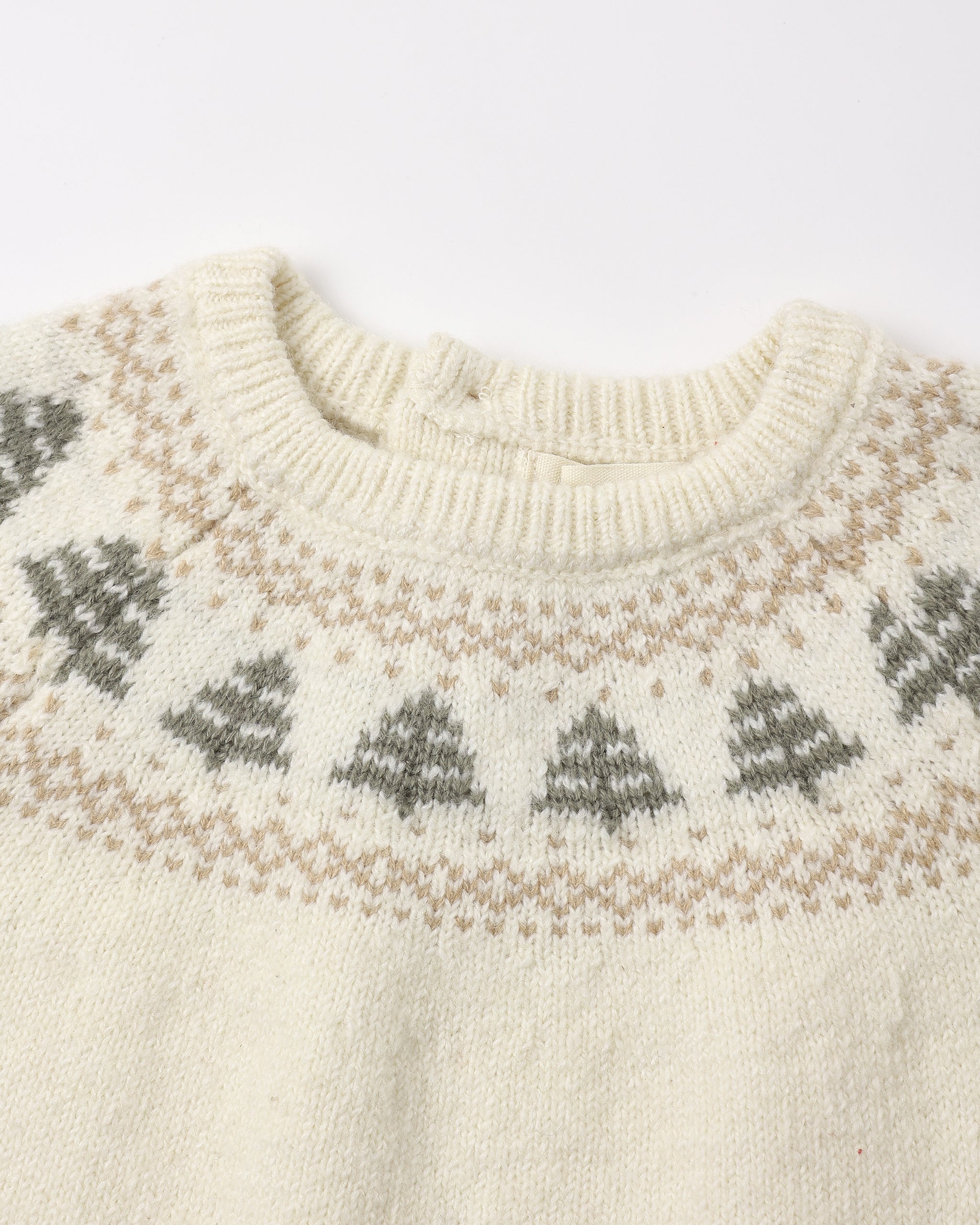 Cream-colored knit sweater featuring a close-up of a festive Fair Isle tree pattern along the neckline and shoulders.