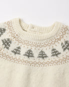Cream-colored knit sweater featuring a close-up of a festive Fair Isle tree pattern along the neckline and shoulders.