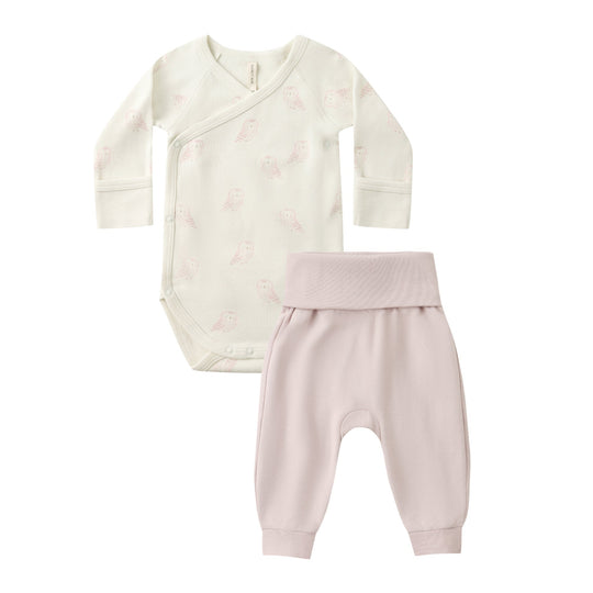 Side Snap Bodysuit + Pant Set - Snow Owls by Quincy Mae