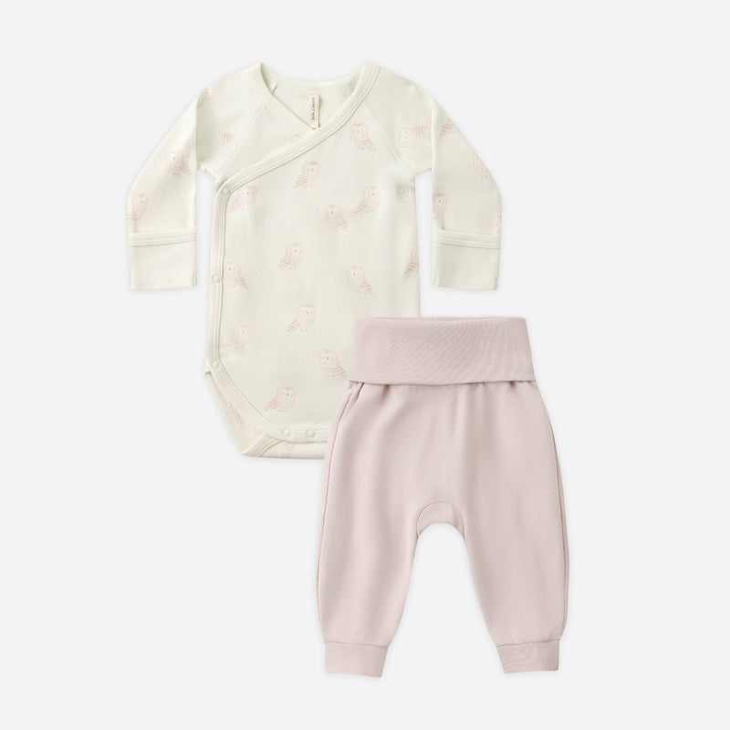 Side Snap Bodysuit + Pant Set - Snow Owls by Quincy Mae
