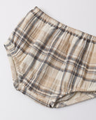 A pair of plaid baby bloomers in beige, brown, and gray, laid flat on a light gray background.
