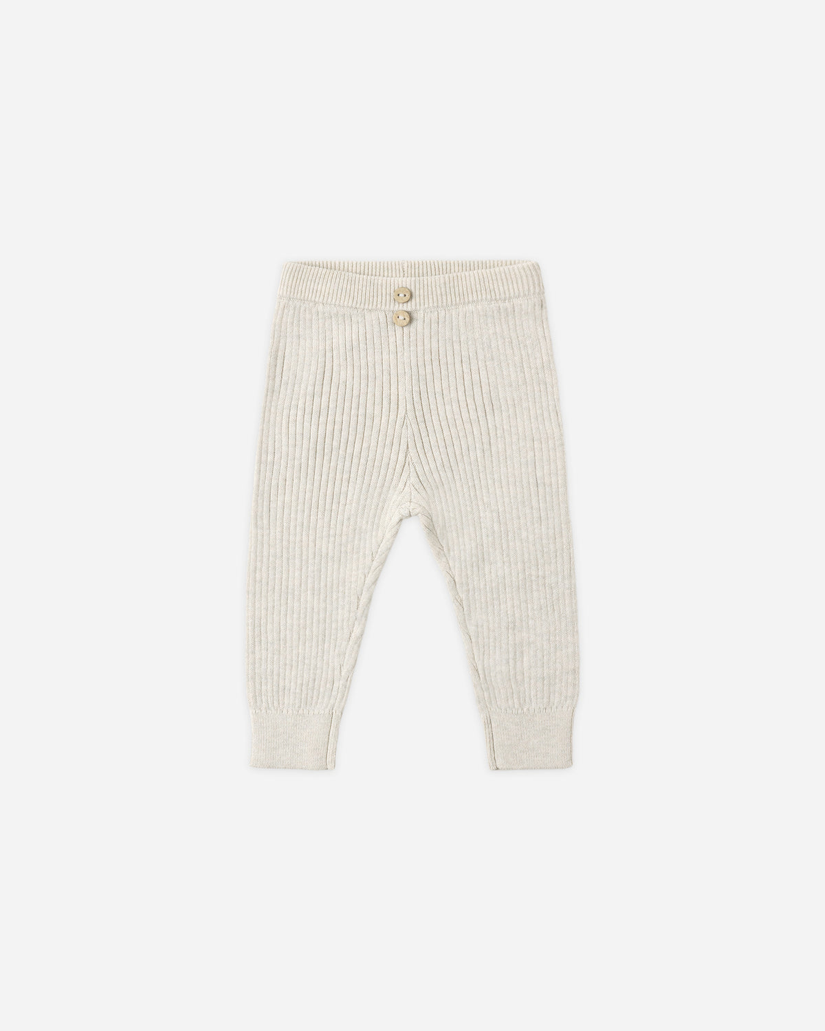 Cream ribbed knit baby pants with a buttoned waistband, shown flat on a light gray background.