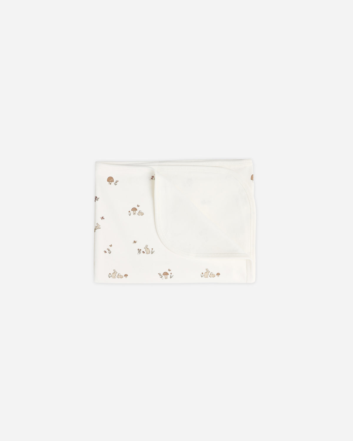 A folded white baby blanket or swaddle with a tiny scattered floral pattern, shown on a plain light gray background.