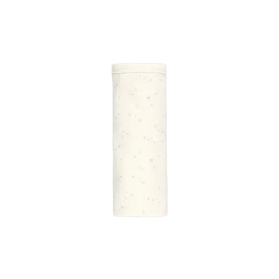 A tall, cylindrical container or roll of fabric in an off-white color with tiny scattered speckles, centered on a solid light gray background.