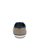 Beige sneaker with blue trim on a white background