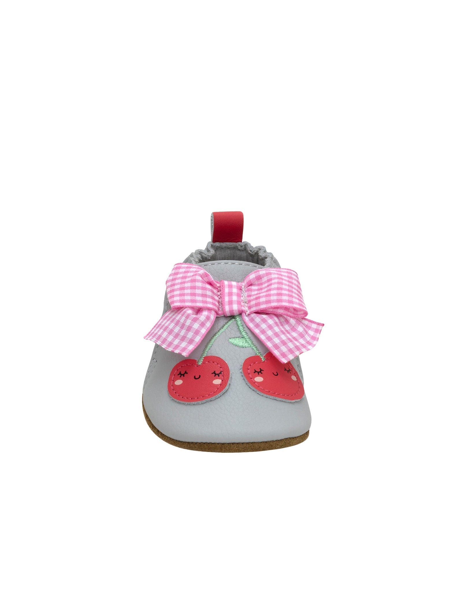 Gray pet boot with pink checkered bow and cherry designs on a white background