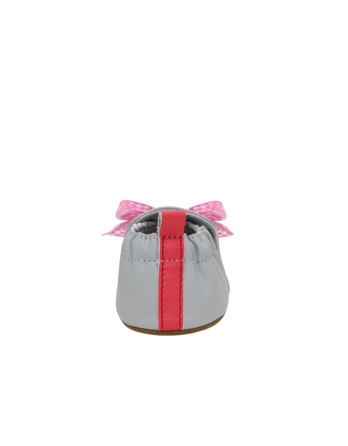 Gray baby shoe with a pink stripe and bow on a white background