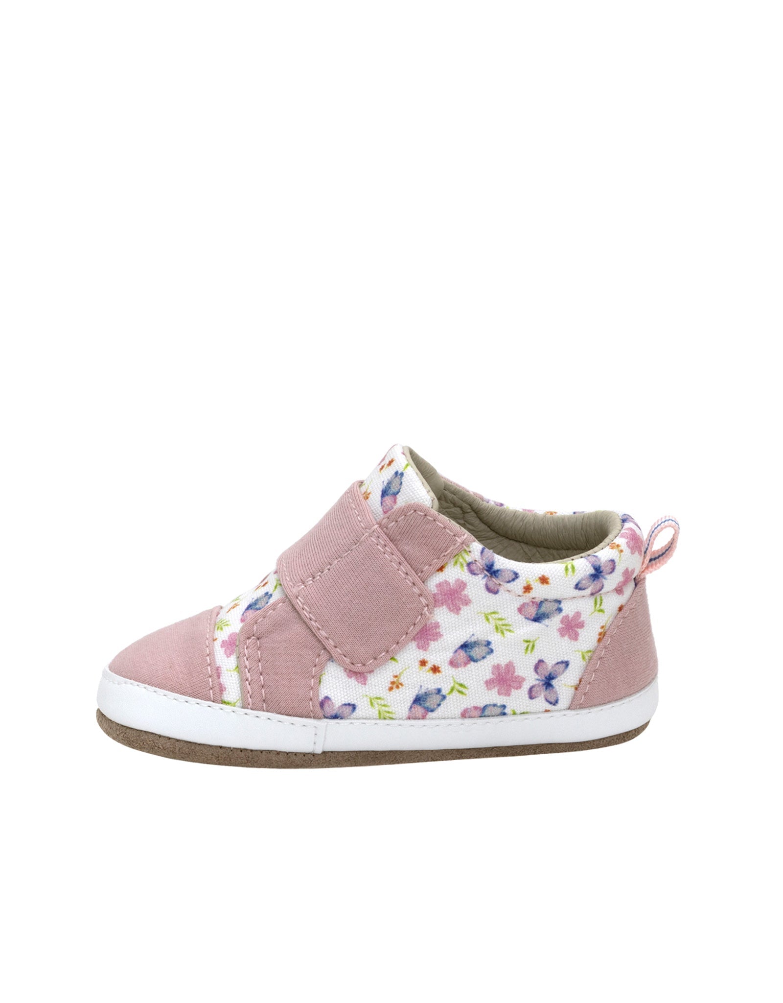 Pink baby shoe with floral pattern on a white background