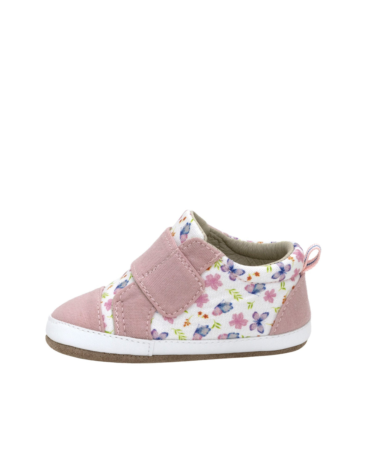Pink baby shoe with floral pattern on a white background