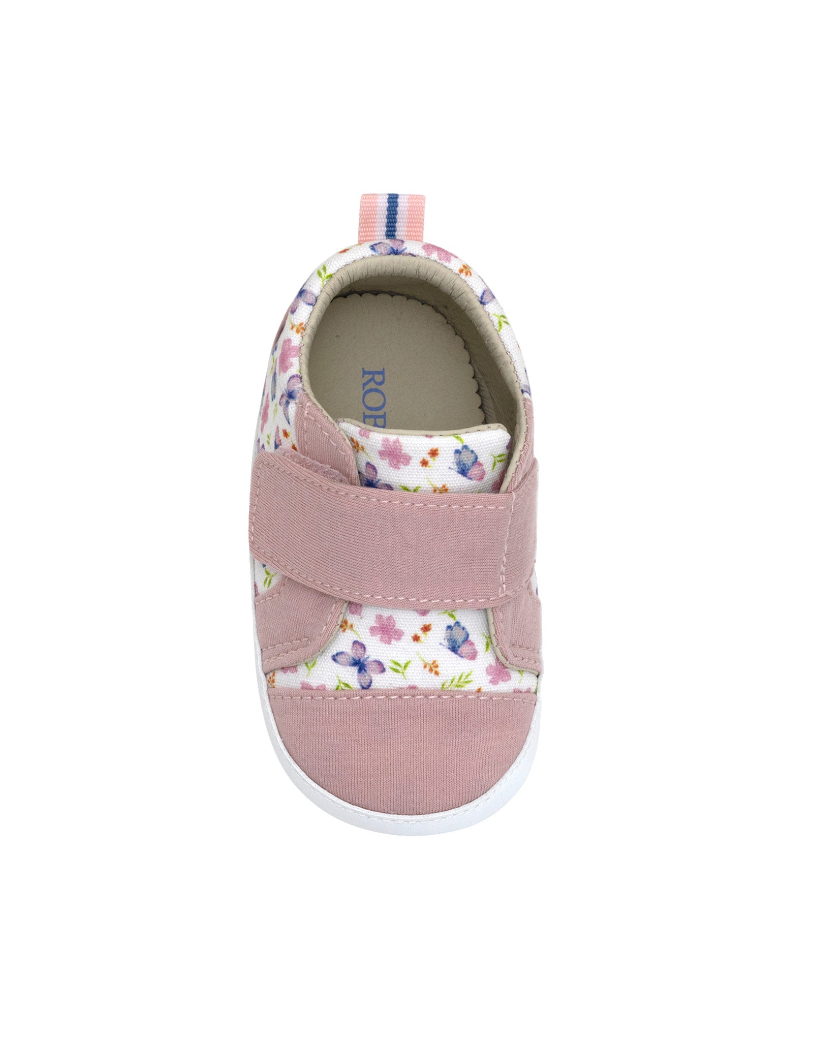 Pink children's shoe with floral pattern on a white background
