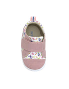 Pink children's shoe with floral pattern on a white background