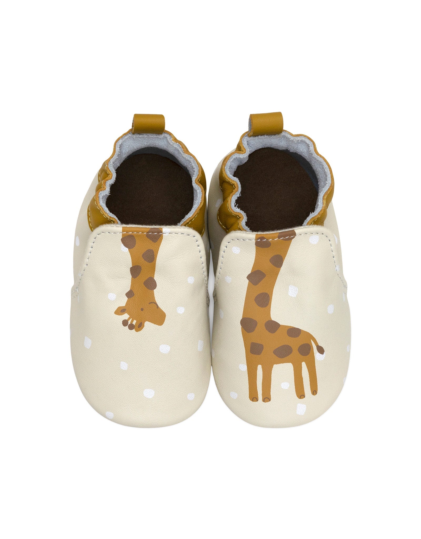 Pair of baby shoes with giraffe design on a white background