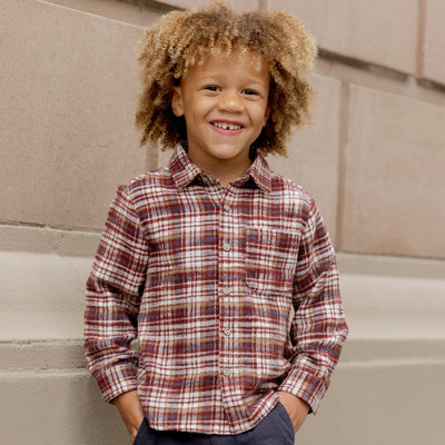 Collared Long Sleeve Shirt - Burgundy Plaid by Rylee + Cru