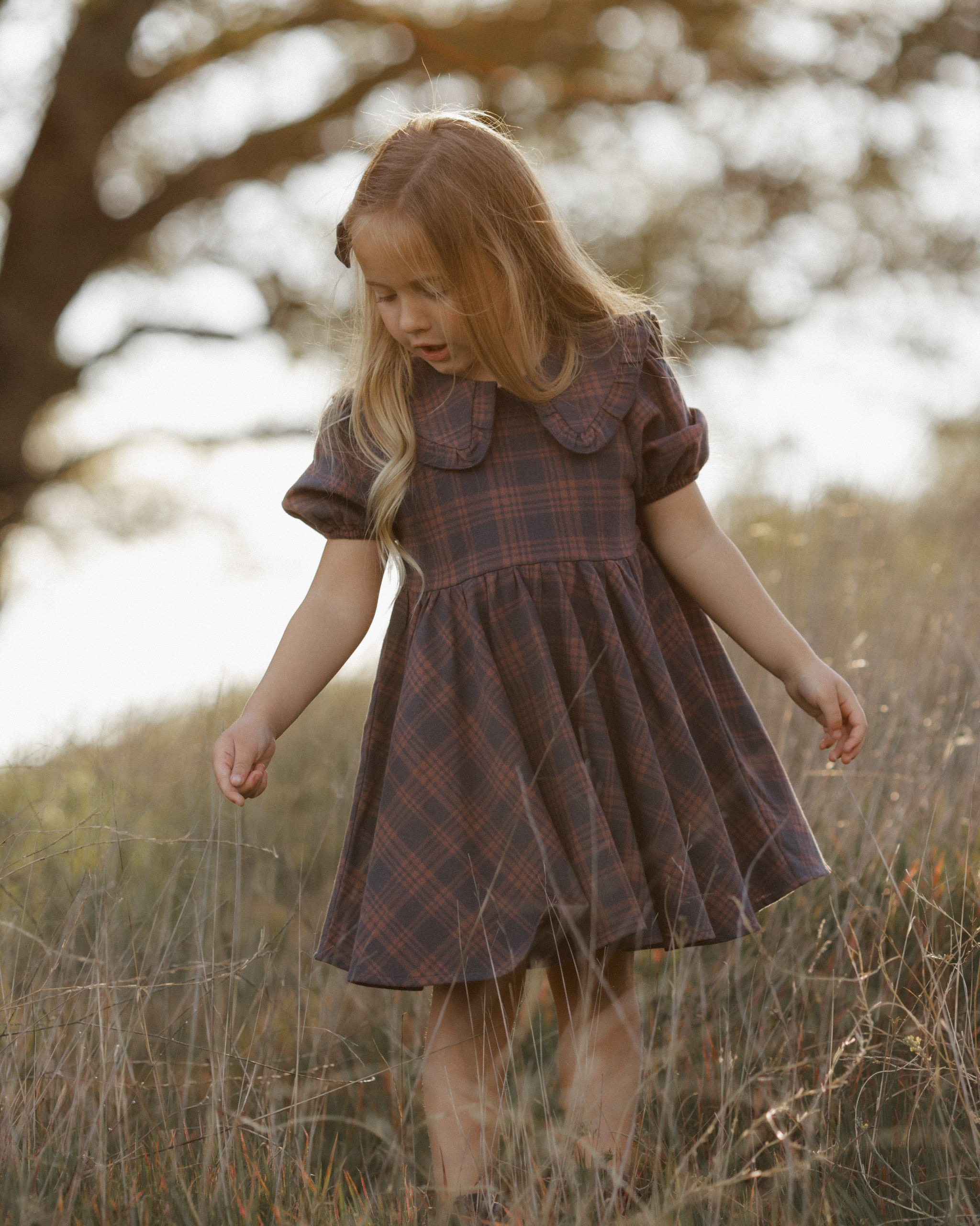 A young girl with long blonde hair wearing a brown and red plaid dress, standing in a field of dry grass outdoors.