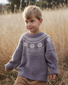 A young boy wearing a gray knit sweater with a white Nordic snowflake pattern, standing in a field of dry golden grass.