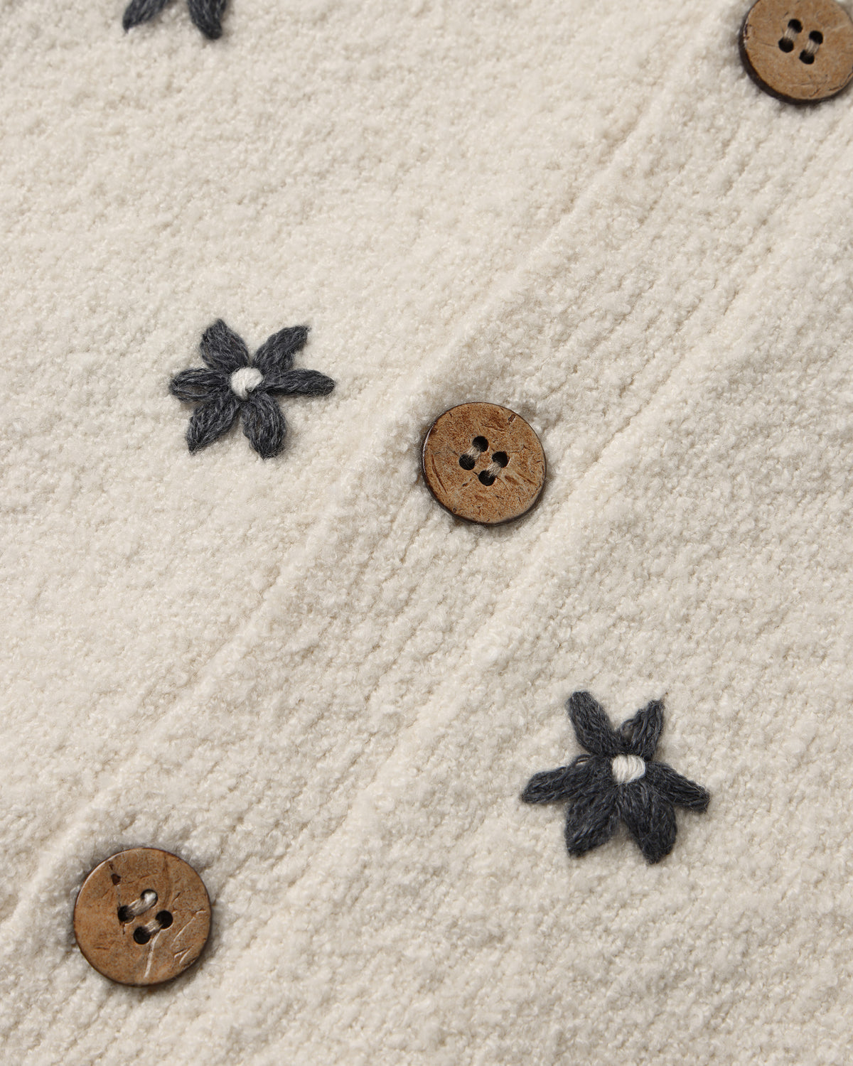 Close-up of a cream-colored textured knit fabric featuring embroidered dark gray flower motifs and natural brown wooden buttons.