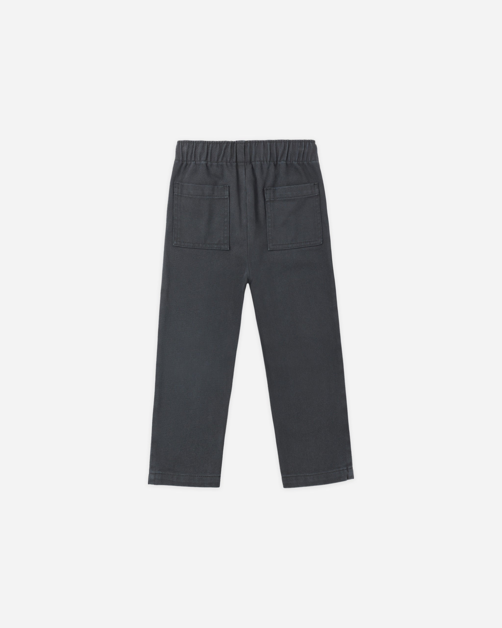 Dark gray pull-on pants with an elastic waistband and two front patch pockets, shown flat against a white background.