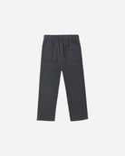 Dark gray pull-on pants with an elastic waistband and two front patch pockets, shown flat against a white background.