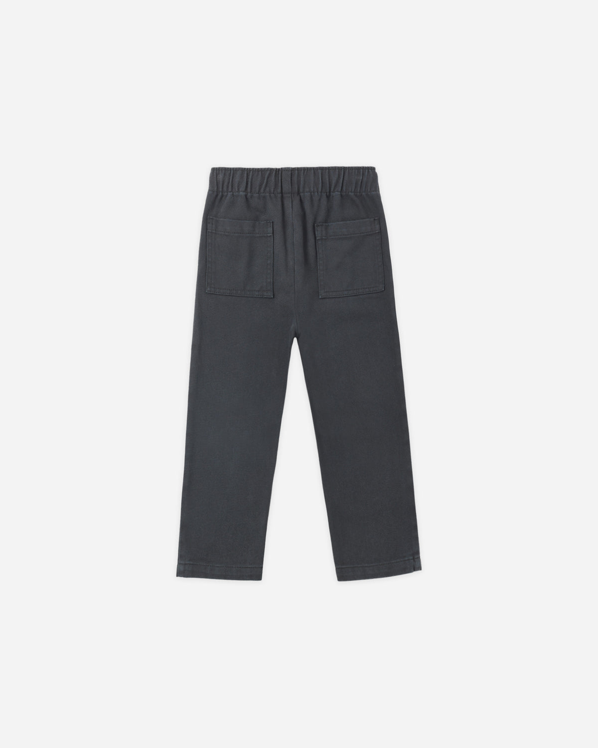 Dark gray pull-on pants with an elastic waistband and two front patch pockets, shown flat against a white background.