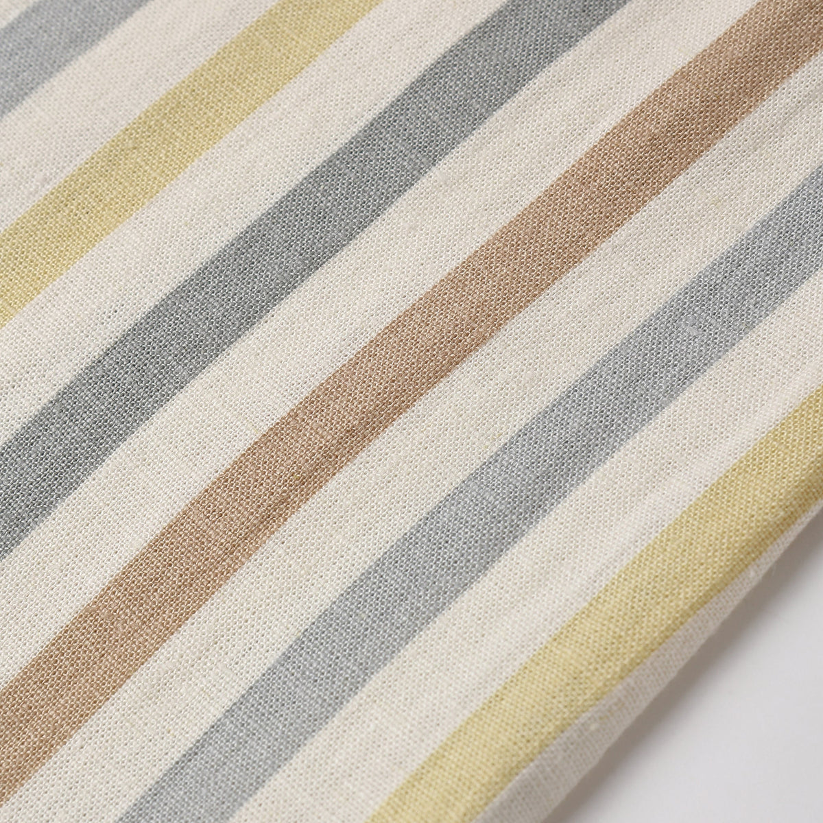 Close-up of a fabric with horizontal stripes in beige, gray, and brown on a white background.
