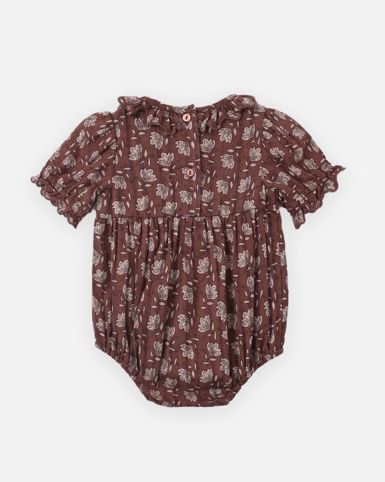 A baby romper in a dark brown color with a small beige floral pattern, featuring short ruffled sleeves and a gathered waist.