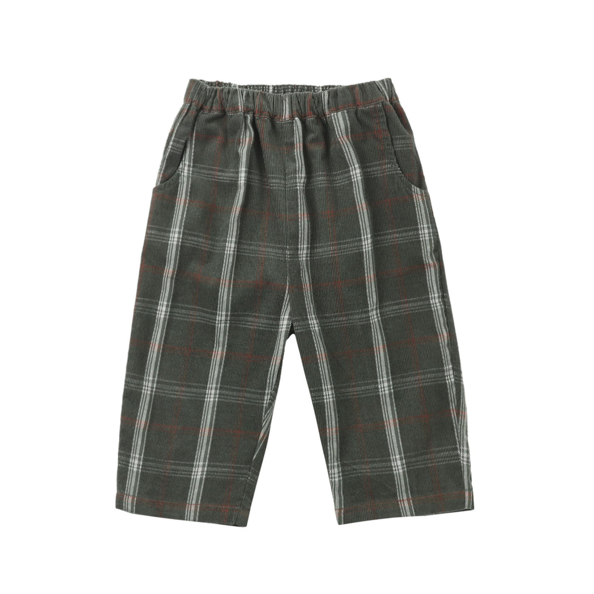 A pair of children's plaid trousers in dark green with white and red lines, featuring an elastic waistband and side pockets, shown against a plain white background.