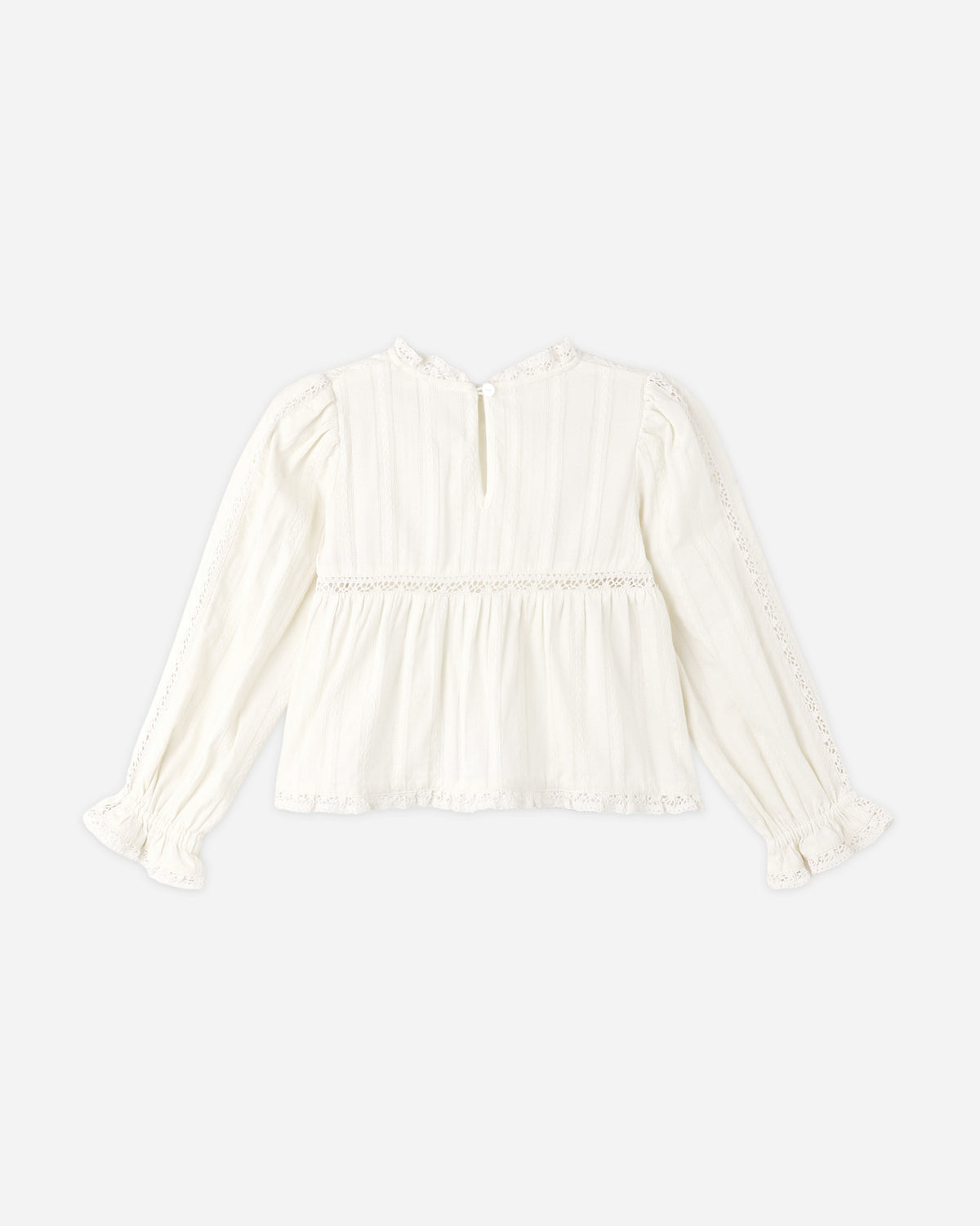 An off-white long-sleeve blouse with a ruffled high neck, vertical pleats, a gathered waist seam, and lace-trimmed cuffs, shown against a plain light gray background.