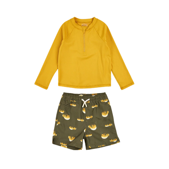 Ribbed Long-Sleeve Bright Gold & Pufferfish Rashguard Set by Petit Lem - FINAL SALE