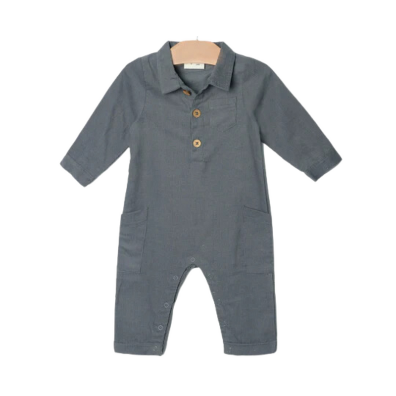 Collar Long Leg Romper - Baby Corduroy Granite by City Mouse