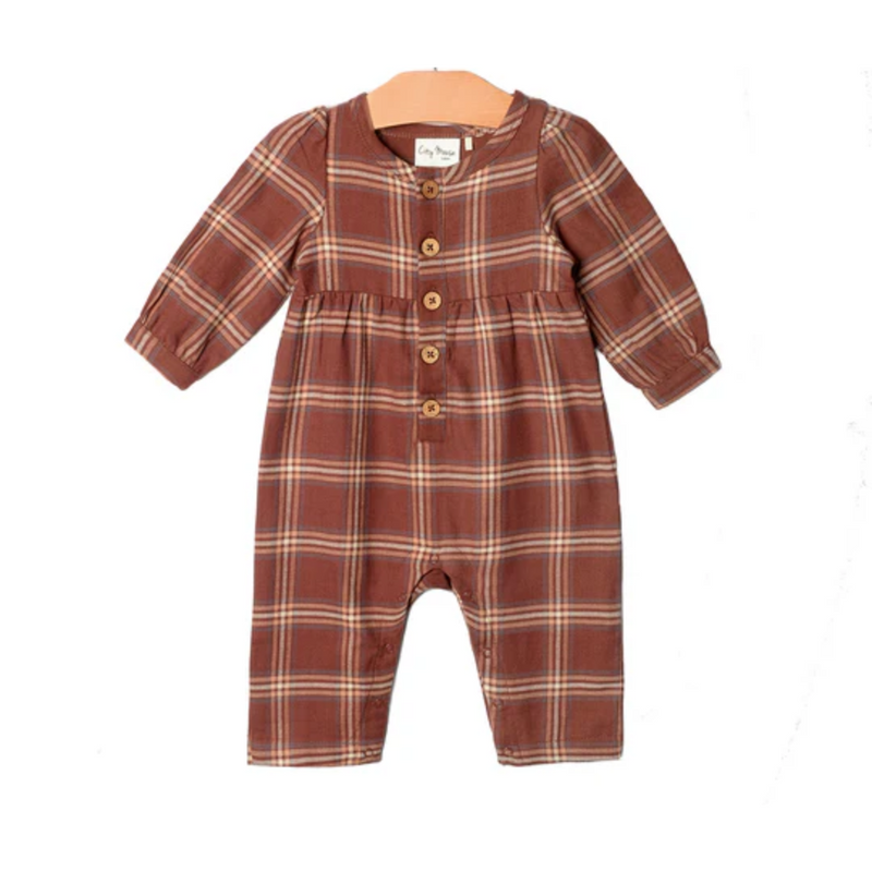 Henley Long Leg Romper- Flannel Rust by City Mouse