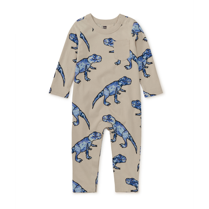 Long Sleeve Pocket Baby Romper - T-Rex in Marble by Tea Collection