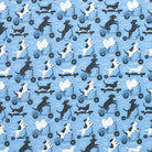 Pattern of dogs on scooters and skateboards on a blue background