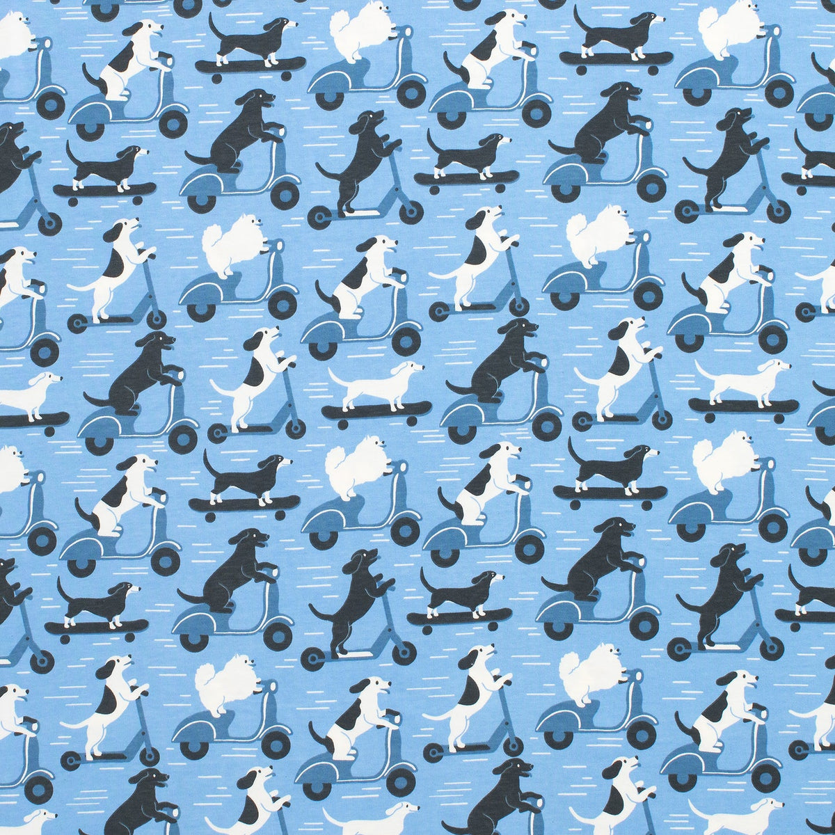 Pattern of dogs on scooters and skateboards on a blue background
