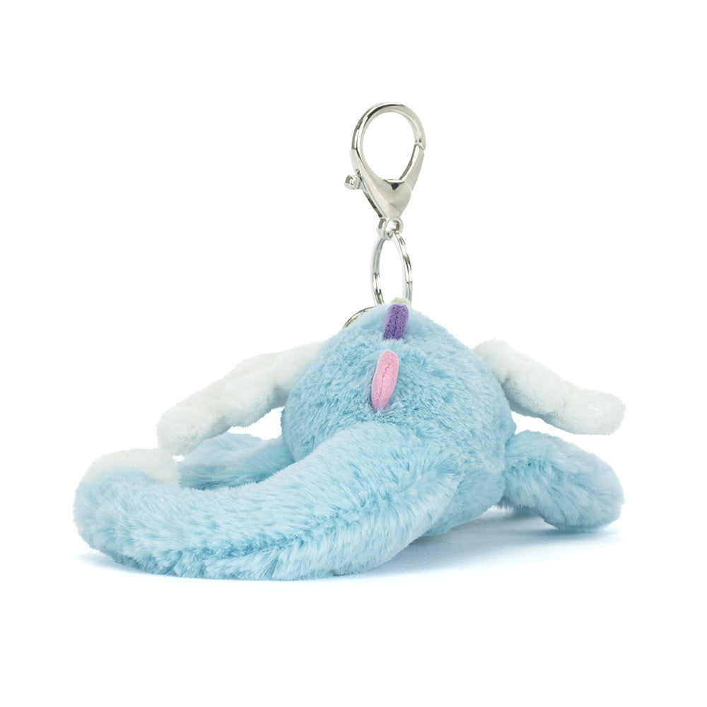 Plush blue creature keychain with a pink nose on a white background