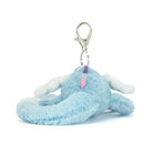 Plush blue creature keychain with a pink nose on a white background