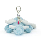 Blue plush bunny keychain with a tag on a white background