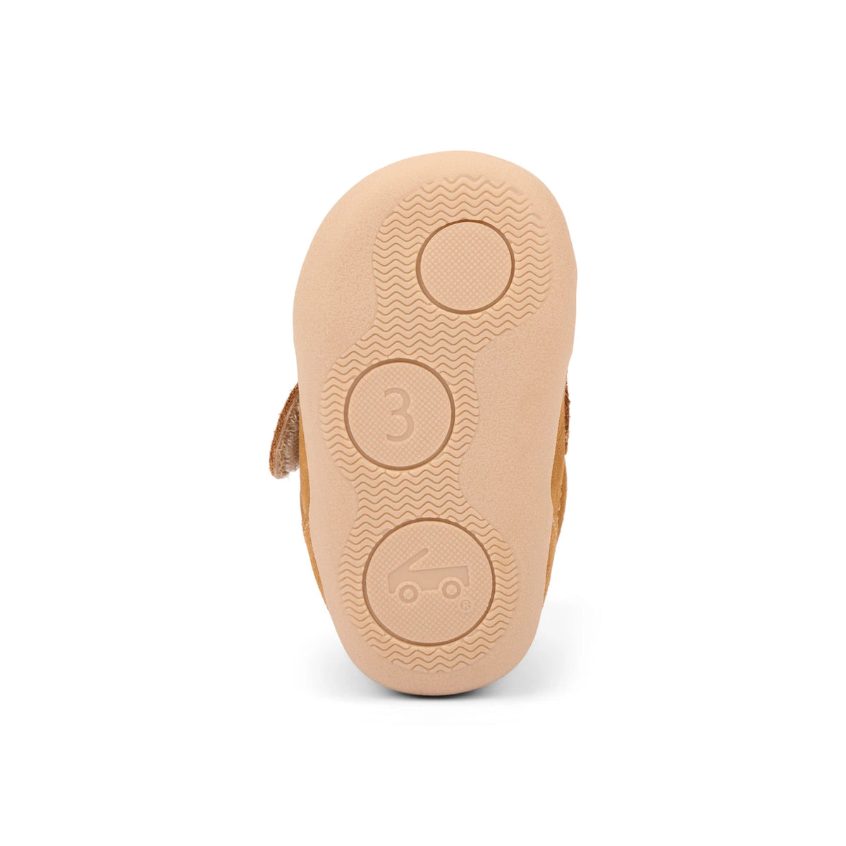 The tan sole of a baby shoe, showing circular tread patterns and embossed numbers 1 through 3, photographed from a top-down view on a white background.